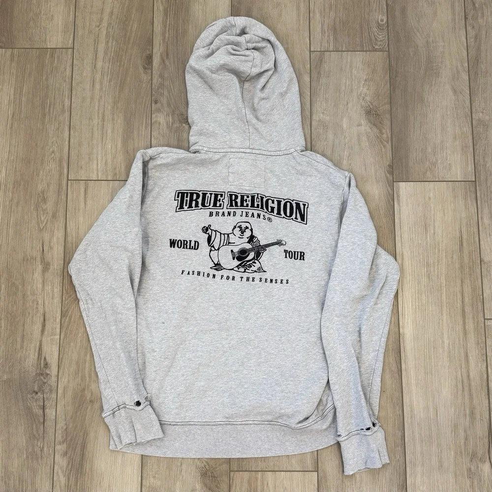 True Religion Distressed Light Gray Full Zip Hoodie Adult Size XL Streetwear